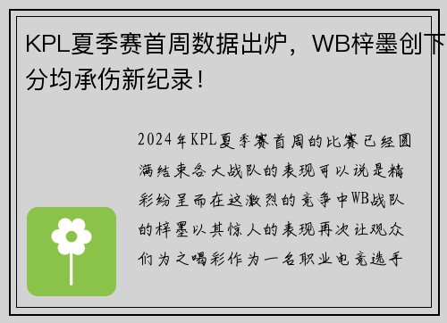 KPL夏季赛首周数据出炉，WB梓墨创下分均承伤新纪录！